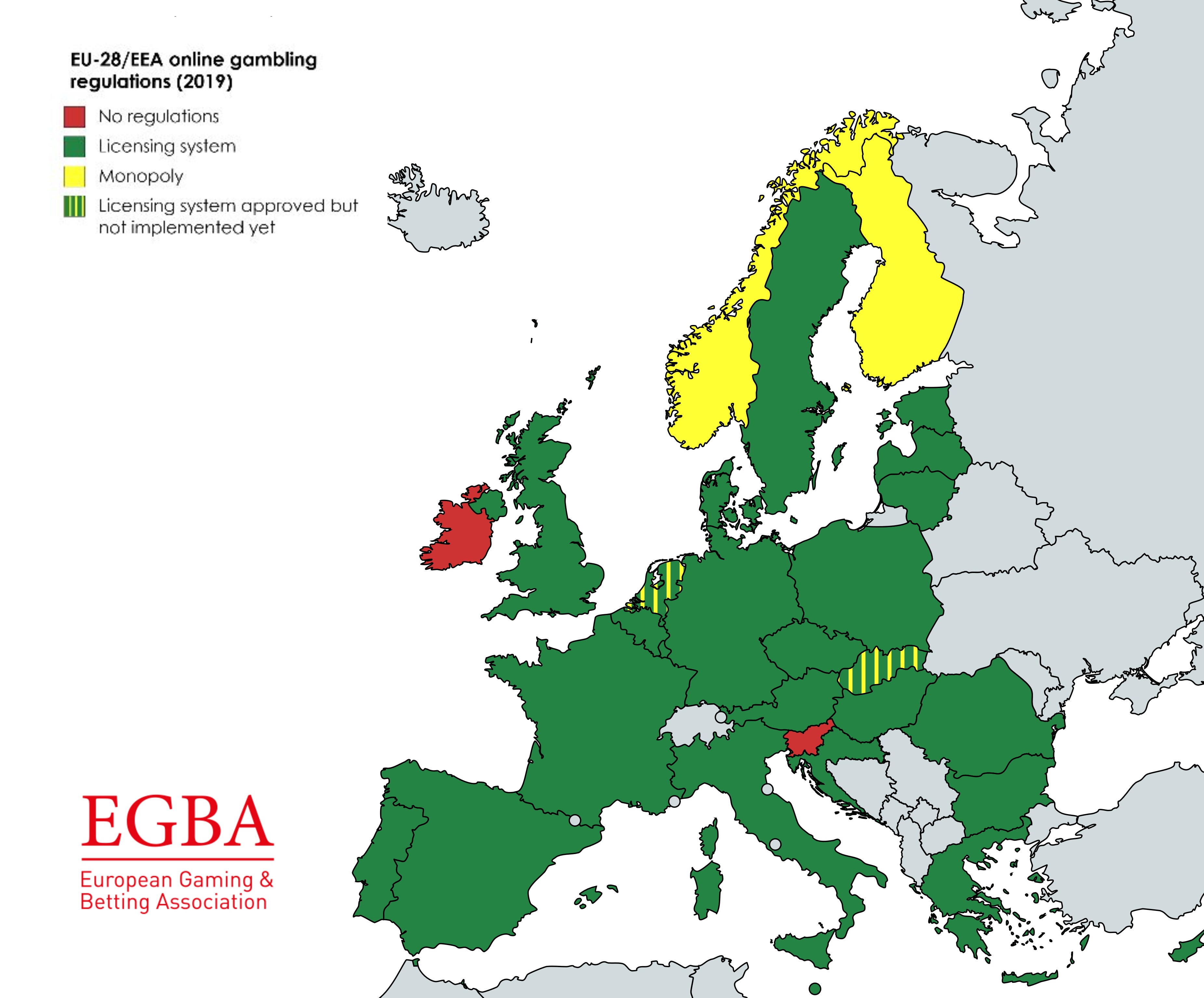EGBA publishes overview map of Europe's online gambling licensing regimes